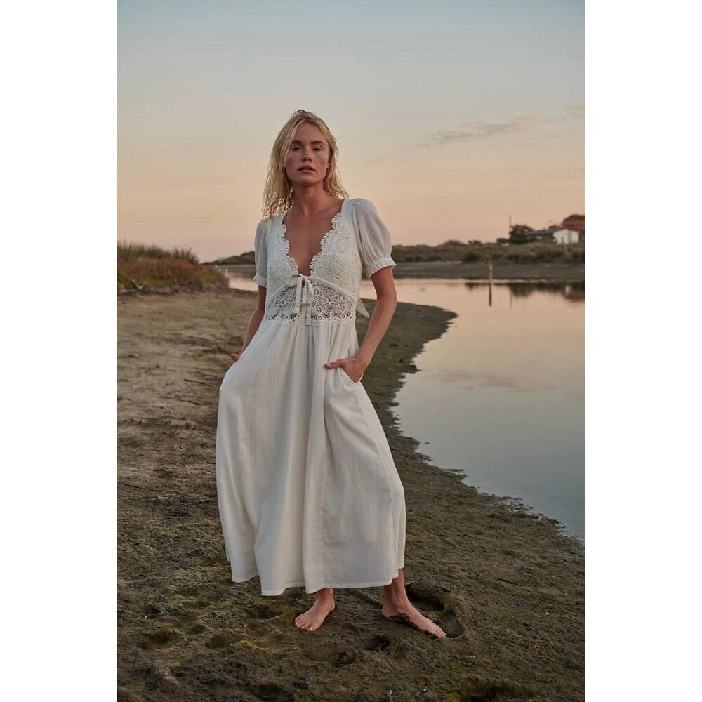 Free People All You Need is Lace Romantic Midi Dress Large Boho Festival New